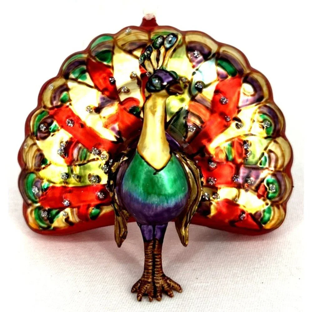 Peacock Christmas Ornament Multicolor Bird Hand Blown Glass 4